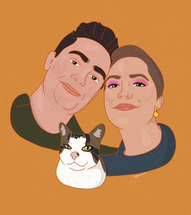 Profile Pic, Illustration of me, my partner Sarah, and our cat Theo.